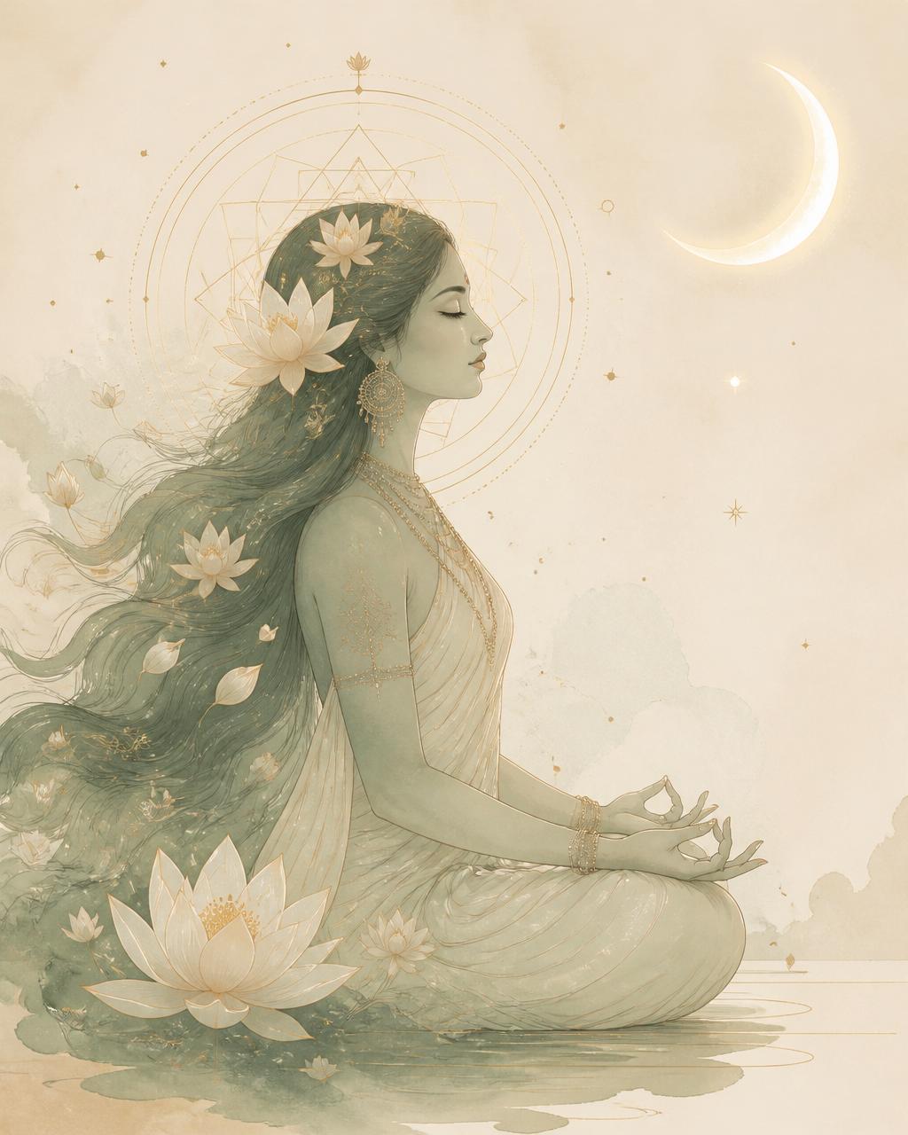 A meditating goddess figure with lotus flowers and sacred geometry — an evocation of Shakti, the divine feminine consciousness